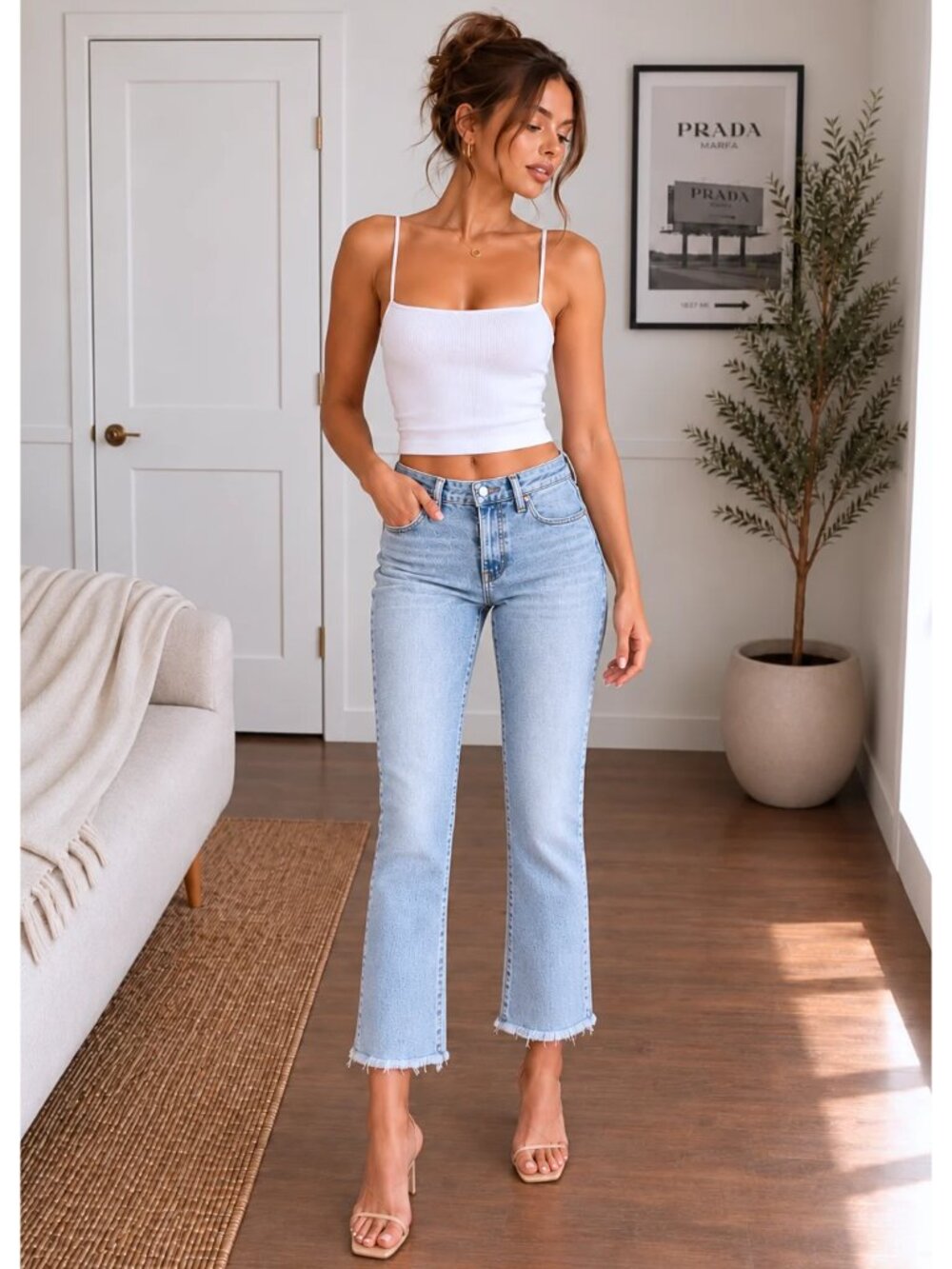 Baldwin Maxwell Crop Flare Jeans 27 Azure Raw Hem USA $248
